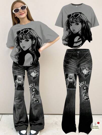 SHEIN Leap Crew Street Style Monokrom Tween Girl Mönster 2 delar Set: Casual lös kortärmad t-shirt och byxor med vida ben, lämplig för sommaren