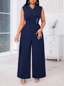SHEIN Lady 2025 New Plus Size Women's Dark Blue Sleeveless Wide Leg Jumpsuit With Cross Neck And Pearl Decor Concert Women Outfit Women Jumpsuit Four Seasons Fall Clothes For Women  Wedding Guest Dress For Women - Navy Blue - View 3