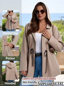 EMERY ROSE Giacca con cappuccio con coulisse in vita e chiusura lampo, tinta unita, casual, per donna taglie forti, adatta per primavera/autunno, leggera, giacca con chiusura lampo per donna, giacca casual per donna taglie forti, adatta per inverno, ufficio, ritorno a scuola, insegnanti, anorak con chiusura lampo per donna