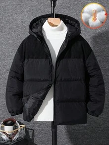 SHEIN 1 件青少年男孩休闲运动学院舒适厚中长款夹棉大衣，黑色灯芯绒缝线，冬季大衣，绗缝大衣适合返校，适合生日派对、晚会、表演、婚礼、洗礼、开幕式，适合日常使用，适合上学，适合旅行，适合运动，适合秋冬季节 - 黑色 - 查看 4
