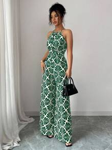 Elenzga Bộ đồ liền thân thắt eo bằng vải in họa tiết dành cho nữ, thanh lịch khi đi nghỉ và mặc hàng ngày - màu xanh lá - Xem 3