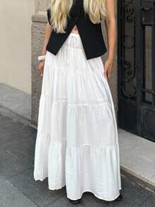 SHEIN EZwear Women's White Casual Vacation Style Solid Color Knotted Drawstring Waist Tiered Hem Maxi Skirt,Western Women Wear