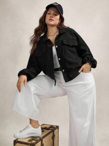 Zelara Plus Size Women's Loose Fit Drop Shoulder Textured Long Sleeve Casual Jacket For Fall Winter Autumn - Black - View 3