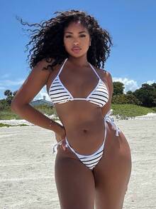 Alexandranx Dams Summer Beach Randig Halter Neck Tie Bikini Set, Micro Triangle Bikini Set - Svart och Vitt - Visa 6