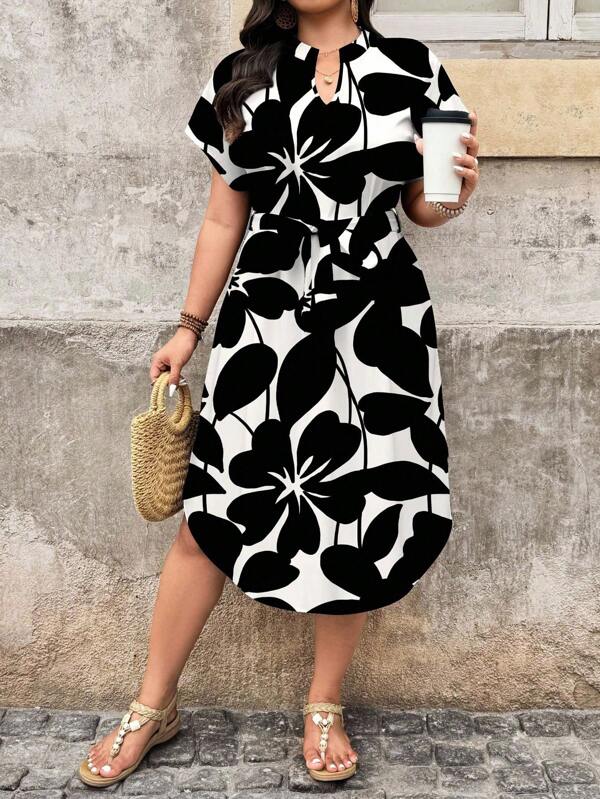 SHEIN LUNE Plus Size Summer Floral Print Casual Dress Suitable For Holiday Suitable For Going Out