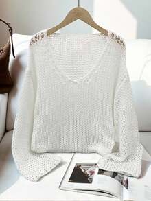 SHEIN LUNE Solid Color Drop Shoulder Sweater,Long Sleeve Tops - White - View 1