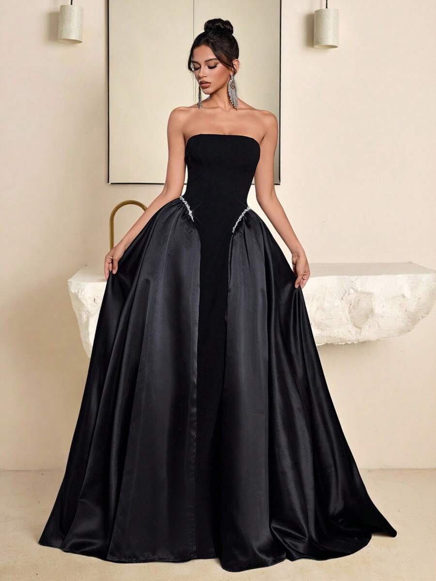 Vowa Elegante vestido de línea A con volantes, con parches de punto negro, satén sin tirantes, cintura de corsé, adornado con lujosa cinta con cuentas, con ajuste en la espalda, adecuado para citas, fiestas, bodas, vacaciones, regreso a clases, ocasiones formales, noche, invitado de boda, San Valentín