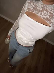 Glamine Spitze bestickte Bluse mit Glockenärmeln und Stehkragen für Frauen - Weiss - Übersicht 3