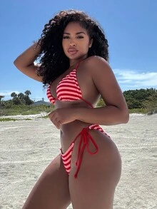 Alexandranx Women Striped Beach Swimsuit Set For Vacation - Red - View 4