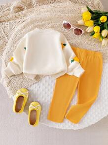 Baby Girls Casual Cute Sweatshirt Set, 3D Crochet Floral Print Pullover Top And Knitted Leggings, Autumn Outfit Fall Winter