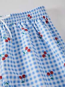 SHEIN Teen Girl Casual Fashion Woven Digital All-Over Checkerboard Cherry Print Pleated Waist Drawstring Comfortable Pants - Blue and White - View 4