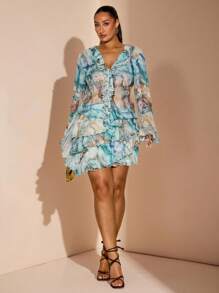 SHEIN BAE 大码女式蓝色大理石花卉荷叶边下摆迷你裙，春夏