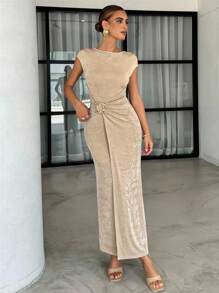 Lavishia 夏季杏色闪亮冰丝圆领短袖时尚金属装饰修身连衣裙女式夏装女式夏装女式夏装优雅女式连衣裙女式派对连衣裙女式长裙复古风格女式生日连衣裙女式邮轮装 - 杏色 - 查看 5