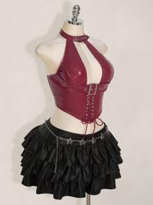 SHEIN ICON Top de tirantes con decoración de ojetes y cordones en la espalda de piel sintética, estilo gótico Y2K para mujer de talla grande - Burdeos - Ver 6