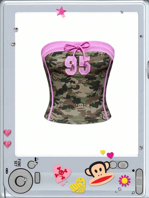 Paul Frank X ROMWE Y2K Cute Camouflage & Numeric Pattern Tight Tube Crop Top