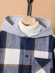 SHEIN 1 件青少年男孩休闲运动学院连帽衬衫夹克，带学院格子，适合返校，适合生日派对、晚会、表演、婚礼、洗礼、开幕式，适合日常穿着，适合上学，适合旅行，适合运动，适合春、秋、冬季 - 藍色 - 查看 4