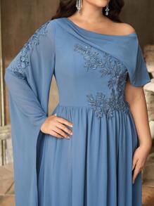 Aureia Váy phù dâu chữ A tay dài cổ lệch màu xanh lam lãng mạn thanh lịch cỡ lớn - Màu xanh bụi bặm - Xem 4