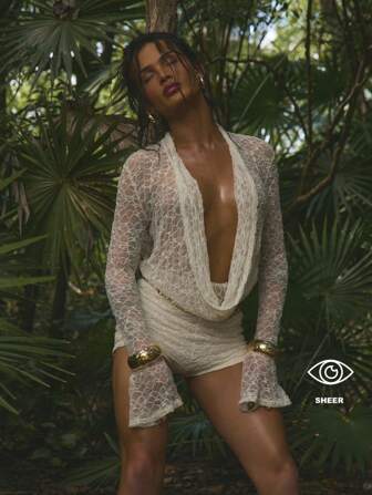 SHEIN x Ludmilla MUSERA 超低胸垂坠纹理蕾丝长袖喇叭袖口上衣仅限性感可爱伊比沙岛俱乐部度假波西米亚风节日狂欢外出上衣俱乐部秋冬