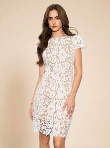 Amorya 女士蕾丝与花卉不对称下摆浪漫短袖连衣裙 女士服装 返校节音乐会服装 女士返校节服装 女士办公室服装 教师服装 女士夜间外出服装 女士教堂服装 女士早午餐服装 女士生日礼服 女士婚礼宾客礼服，白色连衣裙 - 玫紅色 - 查看 9