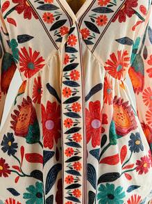 Soleia Plus Size Women's Vacation Knit Mesh Vintage Floral V-Neck Long Flare Sleeve Front Tie Blouse,Fall Clothes For Women - Multicolor - View 6