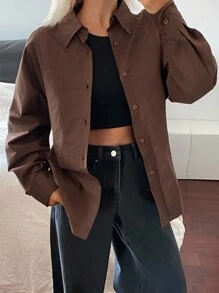 DAZY Women's Solid Color Loose Split Button Waist Long Sleeve Casual Elegant Blouse, Spring/Autumn,Fall Women Clothes - Coffee Brown - View 6