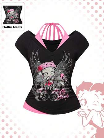 Betty Boop | ROMWE Camiseta de mujer de estilo biker Y2K de 2 en 1 con figura de dibujos animados, gráfica y sexy, de color contrastante con cuello halter