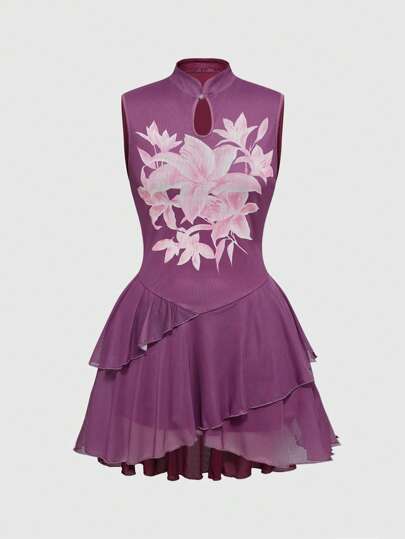 New Chinese Style Retro Collar Floral Print Fitted A-Line Women Short Dress