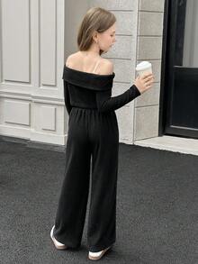 SHEIN 2件套青少年女孩露肩长袖上衣和休闲裤套装 - 黑色 - 查看 10