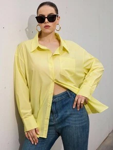 GENKIRA Plus Size Solid Color Front Button Loose Long Sleeve Pocket Shirt - Yellow - View 5