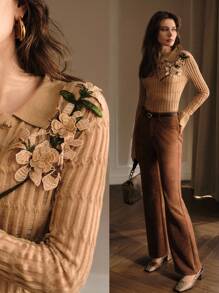 MOTF PREMIUM 贴花 POLO 领修身纹理针织毛衣 针织套头衫 秋冬 - 卡其色 - 查看 6