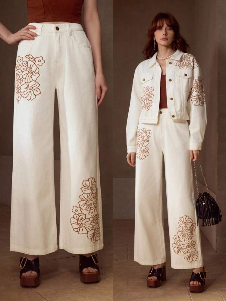 EMBROIDERY FLORAL PATTERN WIDE LEG JEANS