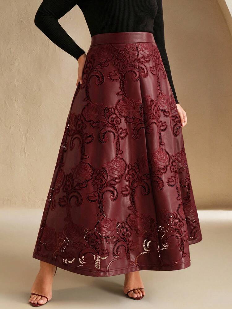 Falda elegante de línea A con bordado, color rojo vino, para vacaciones