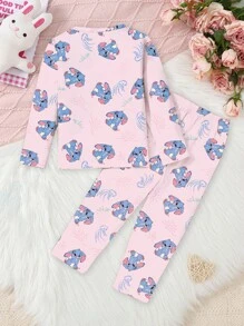 SHEIN Playful Pals 2件套少女可爱蓝兔子和草莓印花牛奶丝针织面料宽松长袖上衣和裤子睡衣套装 - 粉色 - 查看 2