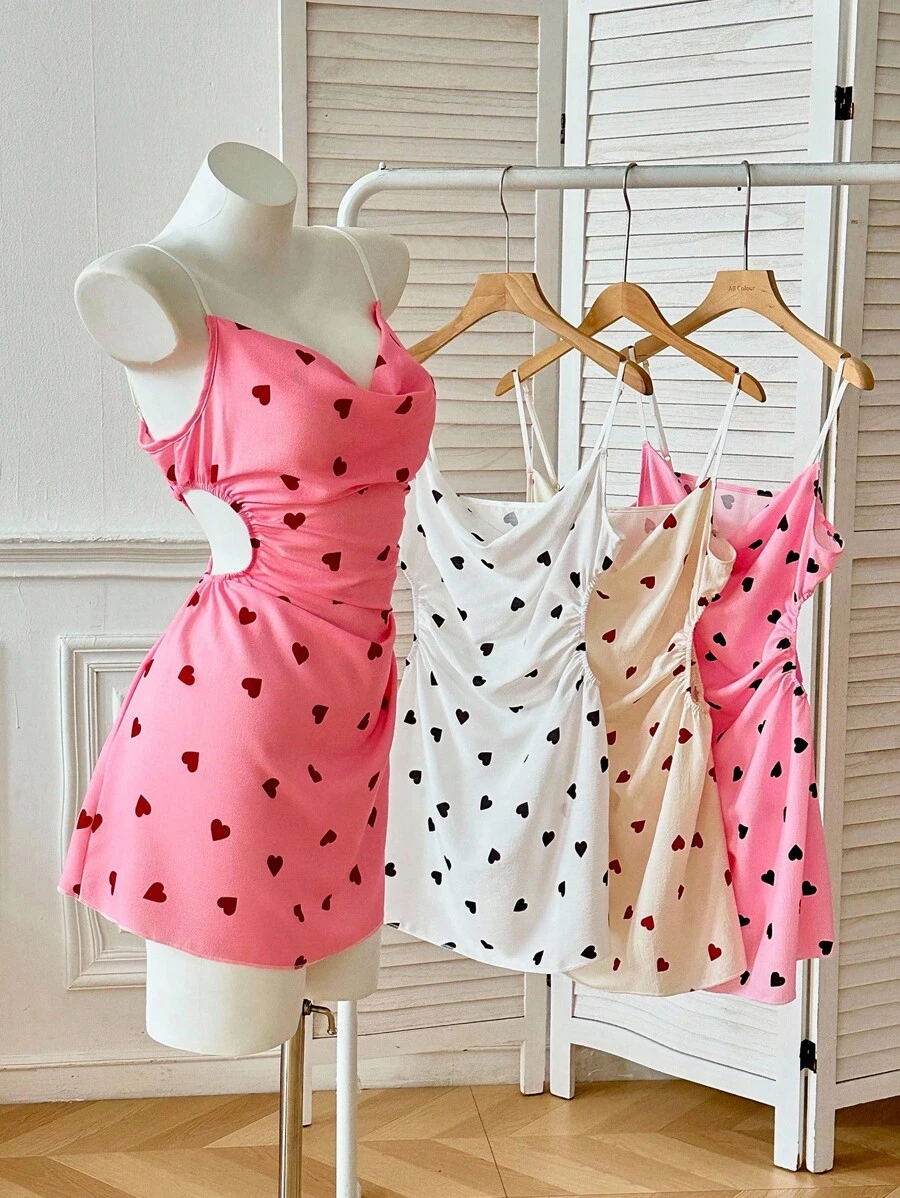 SHEIN 4 Pcs In Heart Print Ruched Cropped Camisole Women Casual Nightgown Women Es Women Summer Dresses - Multicolor - View 1