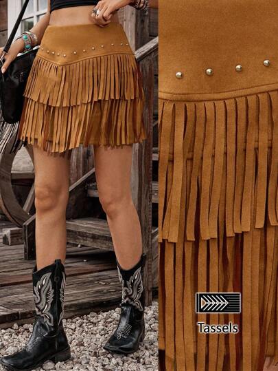 LanaWest Women's Coffee Deer Horn Leather Burnt Floral Tassel Design Beaded Western Casual Vacation Bohemian Style Thanksgiving Halloween Back To School Season Street Style Western Cowgirl Vibe High-End Chic A-Line Skirt