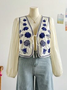 Soleia Áo khoác vest dài tay vải lanh thêu màu xanh dành cho nữ cỡ lớn - Nhiều màu - Xem 1