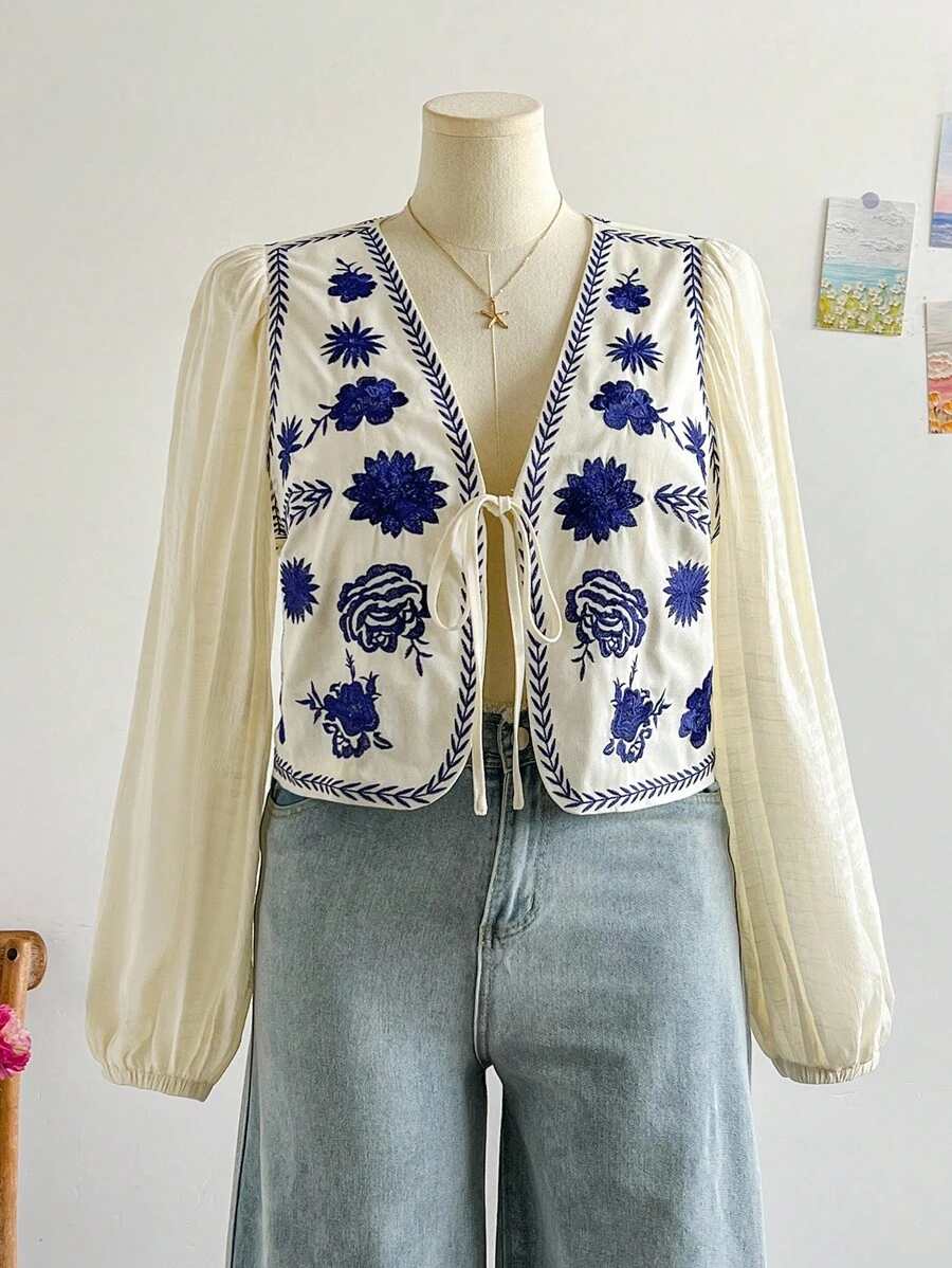 Soleia Áo khoác vest dài tay vải lanh thêu màu xanh dành cho nữ cỡ lớn - Nhiều màu - Xem 1