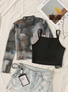 SHEIN Leap Crew Tween Girl Tie-Dye Knit & Mesh Long Sleeve Top With Camisole 2 Pieces Set - Black - View 2
