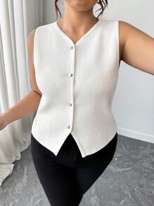 Elenzga Áo len không tay cổ chữ V màu trơn cỡ lớn cài nút phía trước - trắng - Xem 7