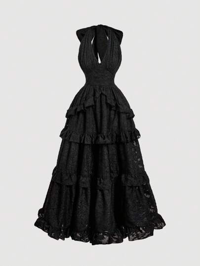 SHEIN X Hannahelzahed SHEIN MOD Apricot Floral Jacquard Halter Backless Maxi Dress With Oversized Bow, Dreamy Romantic Elegant With Layered Ruffle Hem, Suitable For Dates, Parties, Holidays, Tea Parties, Birthday Occasions