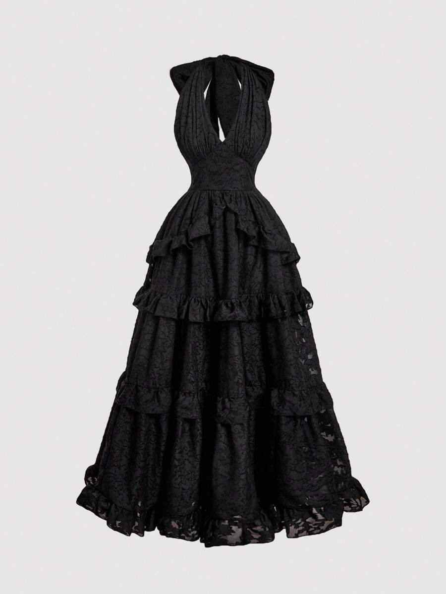 SHEIN X Hannahelzahed SHEIN MOD Váy maxi hở lưng dệt hoa mơ, nơ bản lớn, lãng mạn, thanh lịch với viền xếp nếp nhiều lớp, thích hợp cho các buổi hẹn hò, tiệc tùng, ngày lễ, tiệc trà, sinh nhật - màu đen - Xem 1