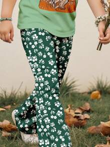 SHEIN Young Girl Cute Vintage Floral Printed 2 Pieces Set: Casual Minimalist Cartoon Short Sleeve Top And Flared Pants, Suitable For Summer