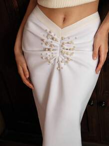 SHEIN Unity Elegant Romantic Fashion V-Neck Studded Ruched Fitted Bodycon Slit Hem Skirt, Fairy Skirt - White - View 1