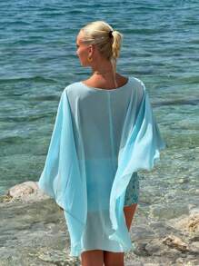 SHEIN ICON Women's Blue Loose Vacation Casual Shawl Top With Multi-Wear Style, Asymmetric Neckline, Open Back, And Tie Strap - Blue - View 9