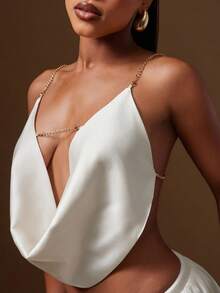 Denimoi 缎面露背金链带围脖领挂脖上衣 GNO 约会之夜晚餐 - 白色 - 查看 4