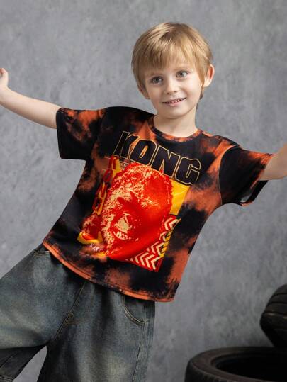 GODZILLAxKONG X SHEIN Young Boy Kong Vintage Tie-Dye Graphic Print Loose Fit Crew Neck Short Sleeve Casual T-Shirt