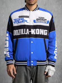 GODZILLAxKONG X SHEIN 男式彩色块字母图案前扣长袖夹克 - 藍色 - 查看 7