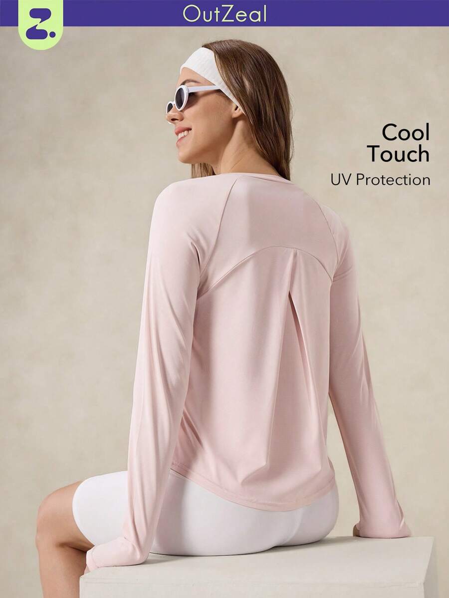 OutZeal 女士户外粉色T恤运动上衣，长袖，防紫外线，凉爽触感，交叉褶裥设计，带拇指孔