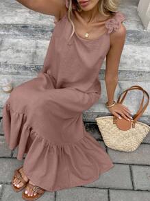 Serisse 女式纯色 3D 花卉装饰荷叶边下摆休闲连衣裙 - 藕粉色 - 查看 6