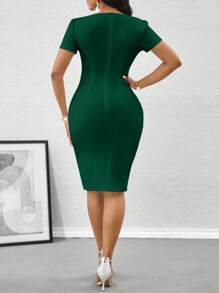 SHEIN Lady Váy midi ôm eo xếp nếp thanh lịch dành cho nữ, Váy dự tiệc sinh nhật và sự kiện mùa hè/Váy công sở/Váy đi nhà thờ/Váy cưới/Váy ngày lễ/Váy trắng - Màu xanh lá cây đậm - Xem 2